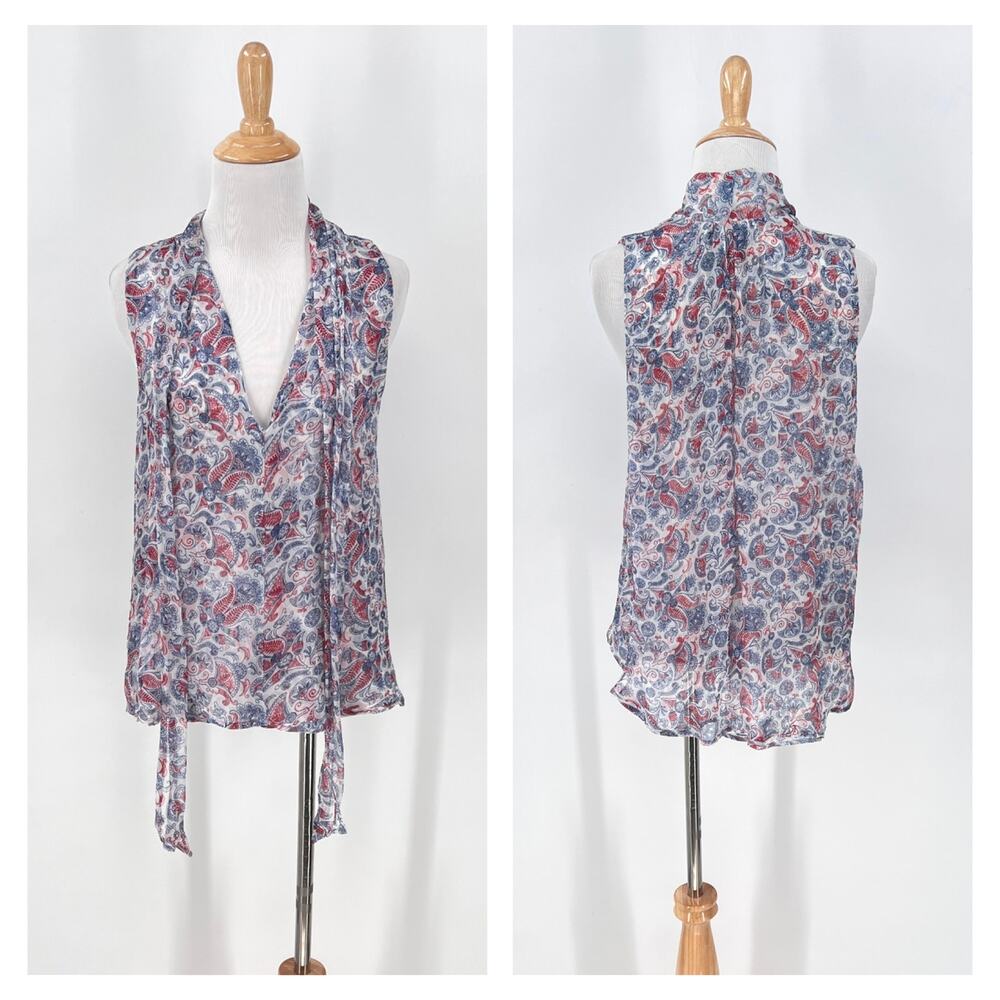 REFORMATION Paisley Print Top Womens Small White Blue Sheer Tie Neck Sleeveless